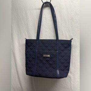 Vera Bradley Navy Blue Microfiber Quilted/Faux Patent Trim Pockets Tote Bag